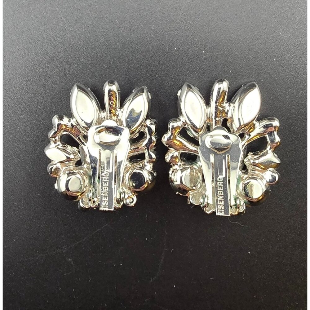 Eisenberg Vintage Rhinestone Clip-On Earrings  Floral Silver-Tone Statement READ - Picture 6 of 11